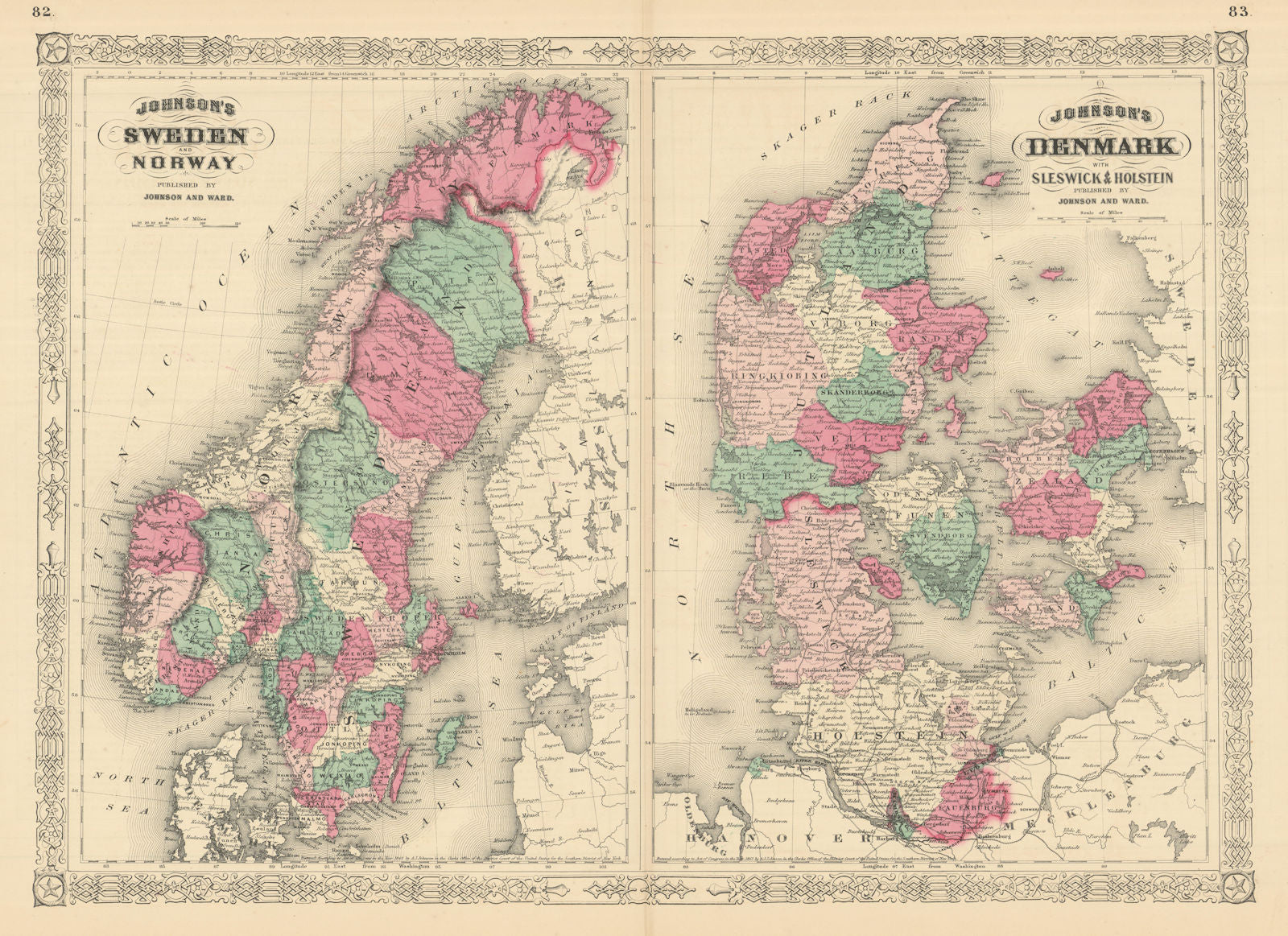 Johnson's Sweden, Norway & Denmark with Sleswick & Holstein. Schleswig 1866 map